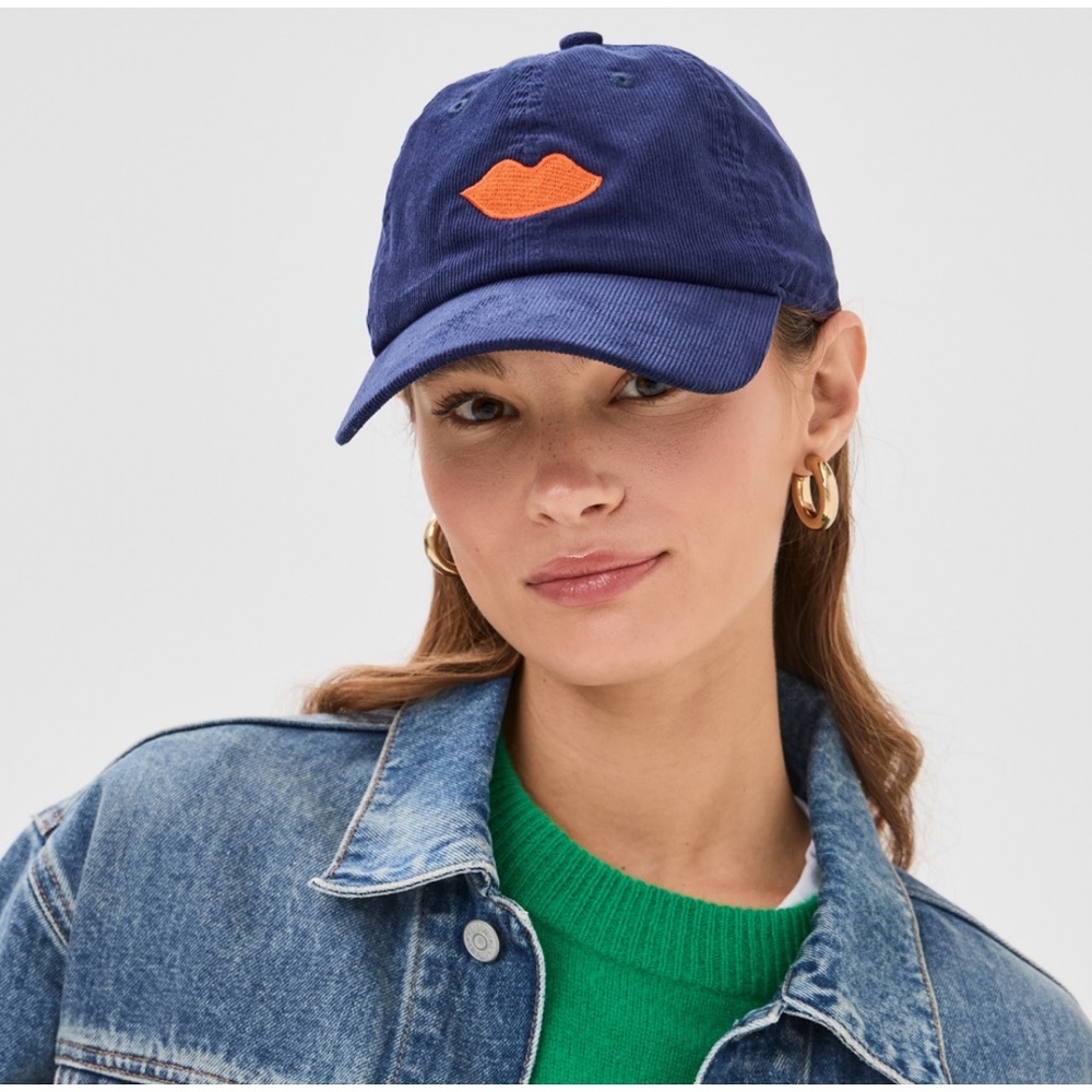 Clare V. Navy Corduroy Baseball Cap with Embroidered Poppy Lips